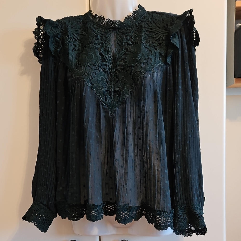 Zara Dark Green Lace Yoke Long-Sleeve Women's Blouse